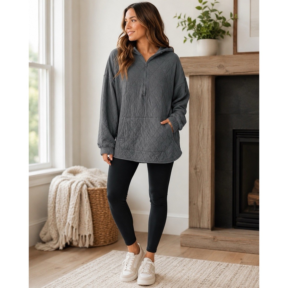 Old Navy XL Tall Gray Quilted Half Zip Hoodie Pullover Oversized Cotton Blend